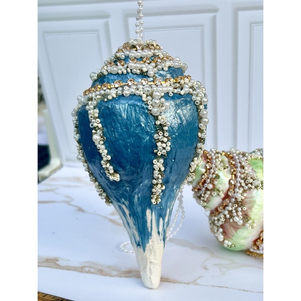 Large Jeweled Seashell Christmas Ornaments Pearl Beaded Rhinestone Coastal Pair - Picture 10 of 16
